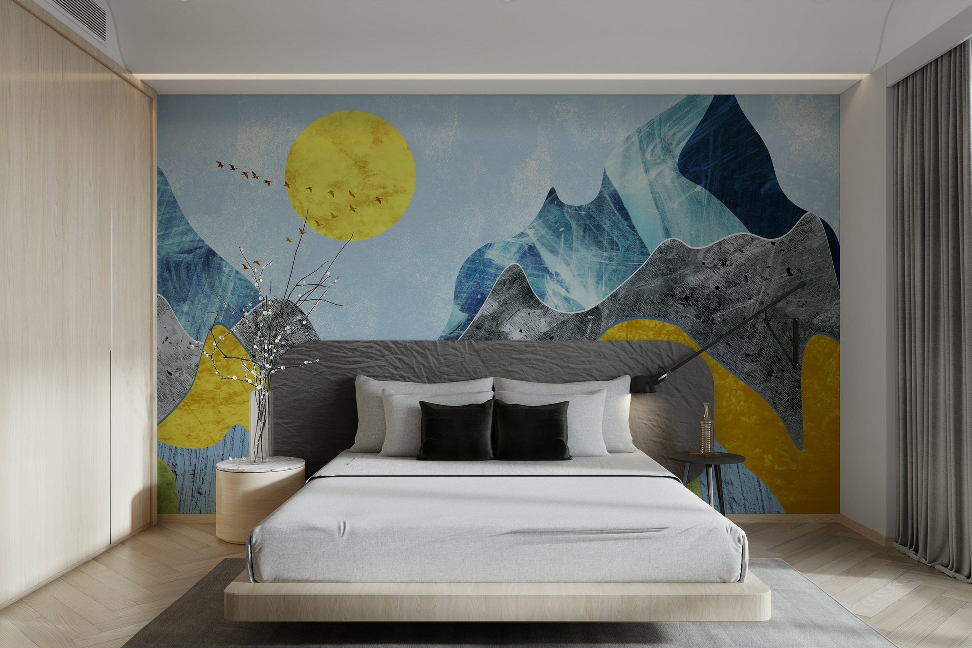 Textured mountain mural with sun