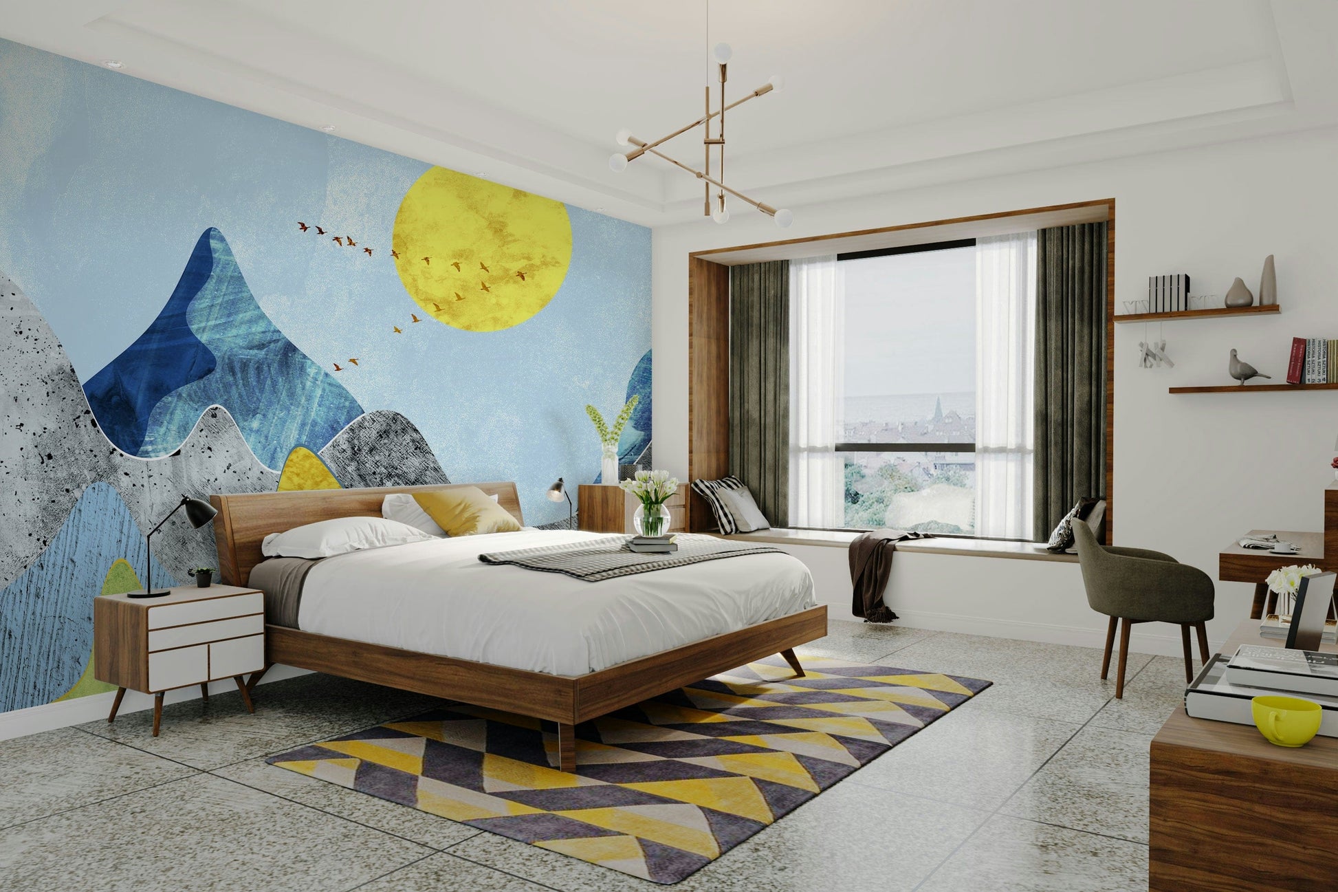 Wavy marbled mountain view mural