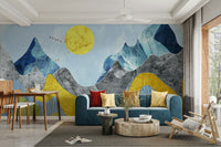 Bright sun over mixed mountains mural

