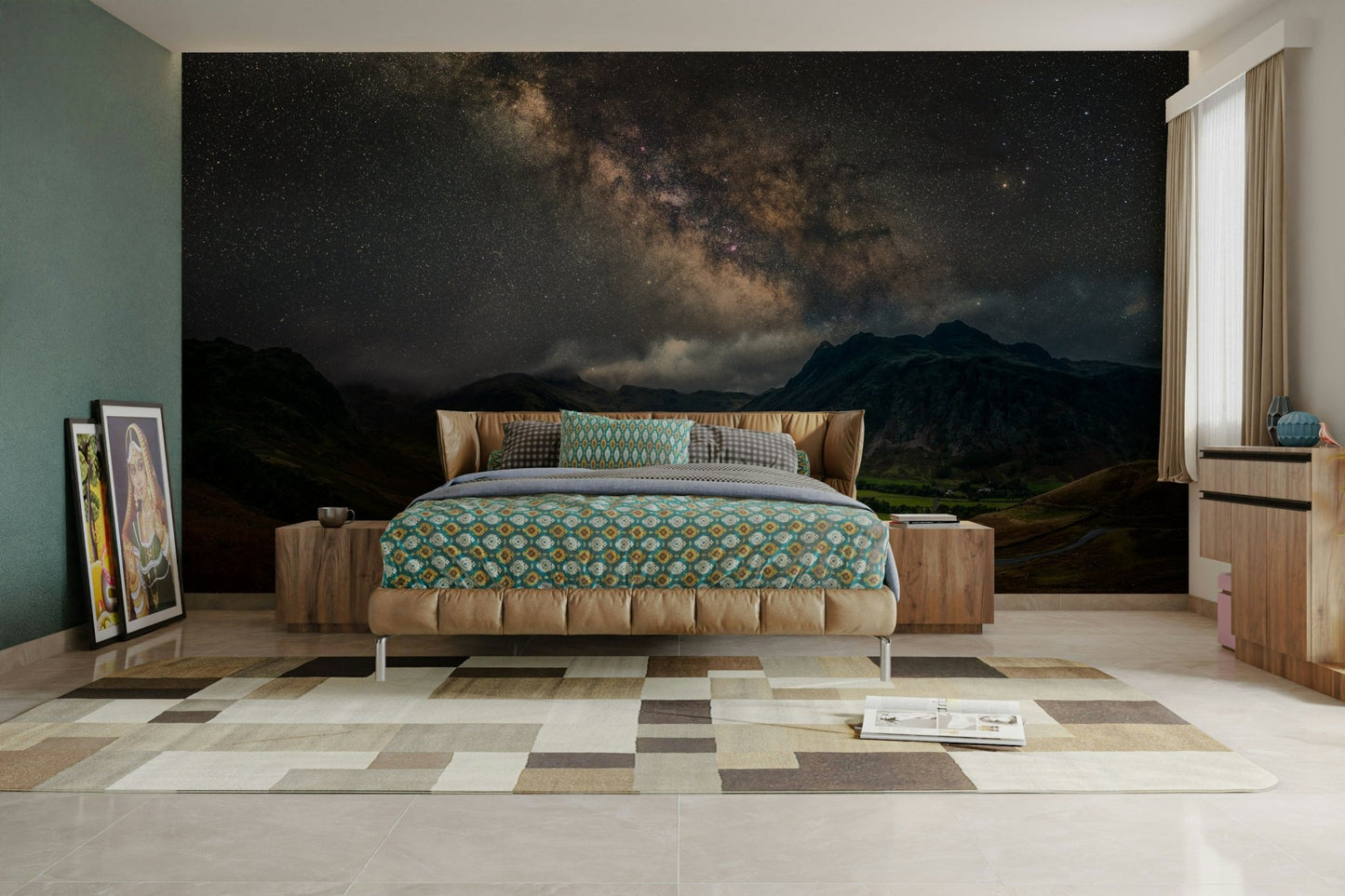Deep space mural with stars over mountain silhouette

