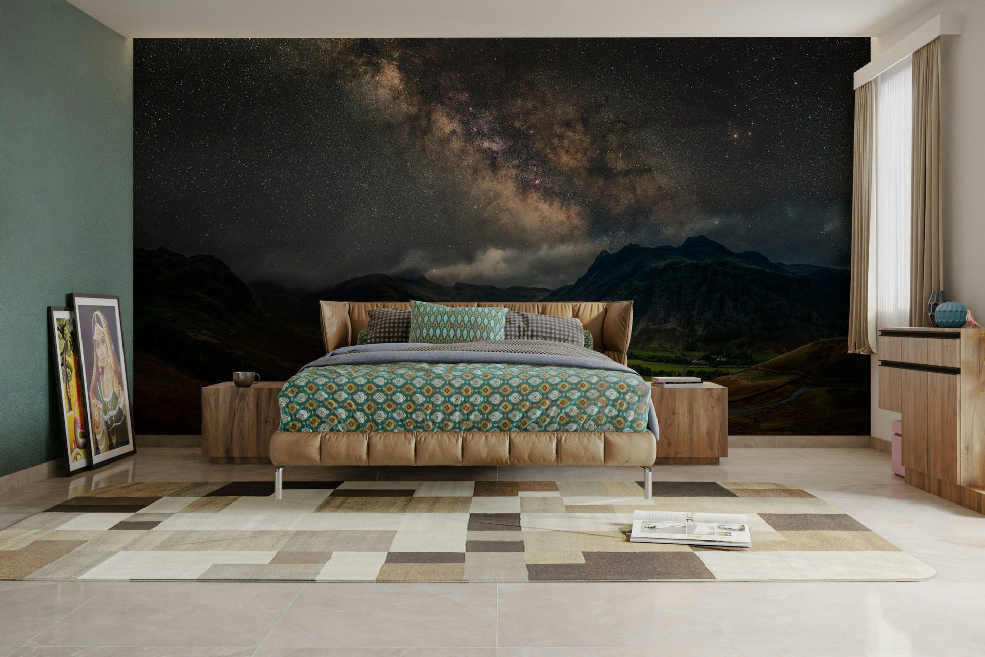 Deep space mural with stars over mountain silhouette


