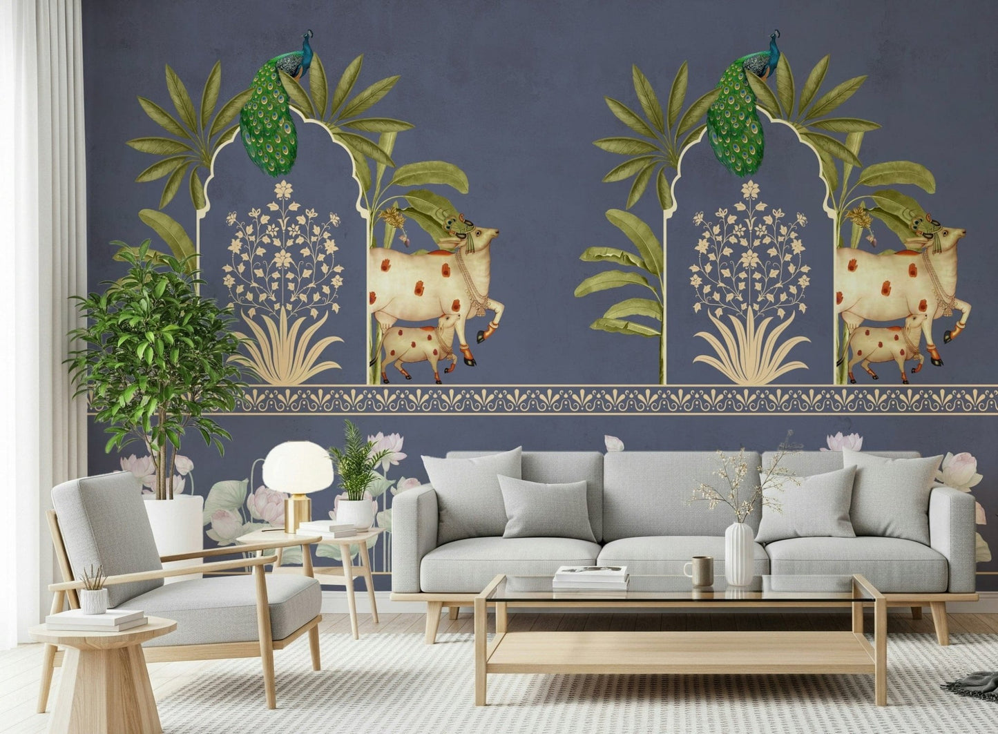 Reading corner mural with arch pattern, navy and beige tones, minimal modern styling for small spaces