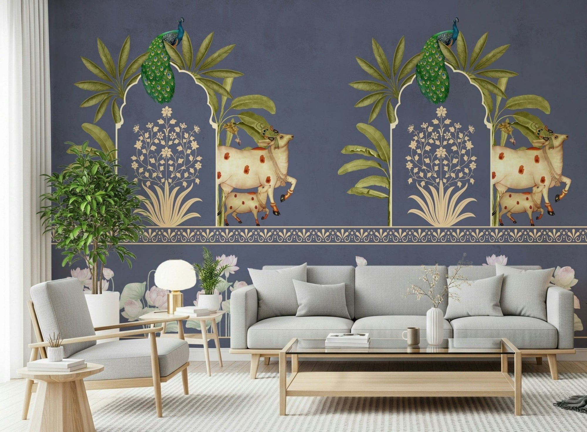 Reading corner mural with arch pattern, navy and beige tones, minimal modern styling for small spaces, GD7525