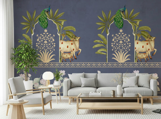 Reading corner mural with arch pattern, navy and beige tones, minimal modern styling for small spaces, GD7525