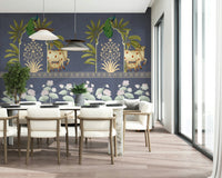 The Neelambar Arch wallpaper mural in dining area, blue arches and warm neutrals, modern feature wall use