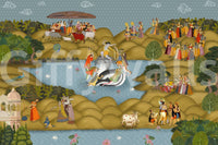 Traditional Indian wall mural with Krishna, musicians, and village gatherings