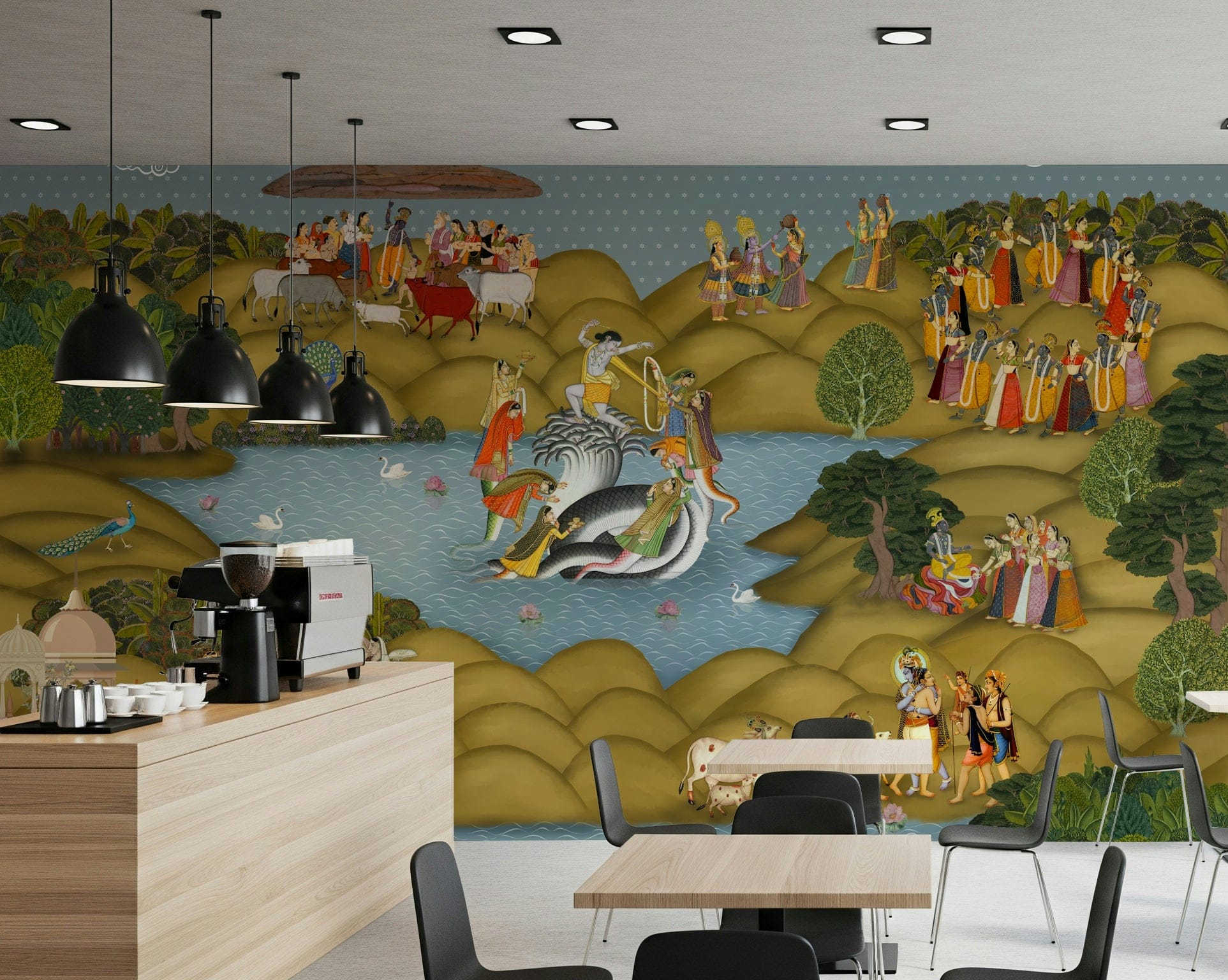 Indian palace mural with layered hills, rivers, trees, and human figures