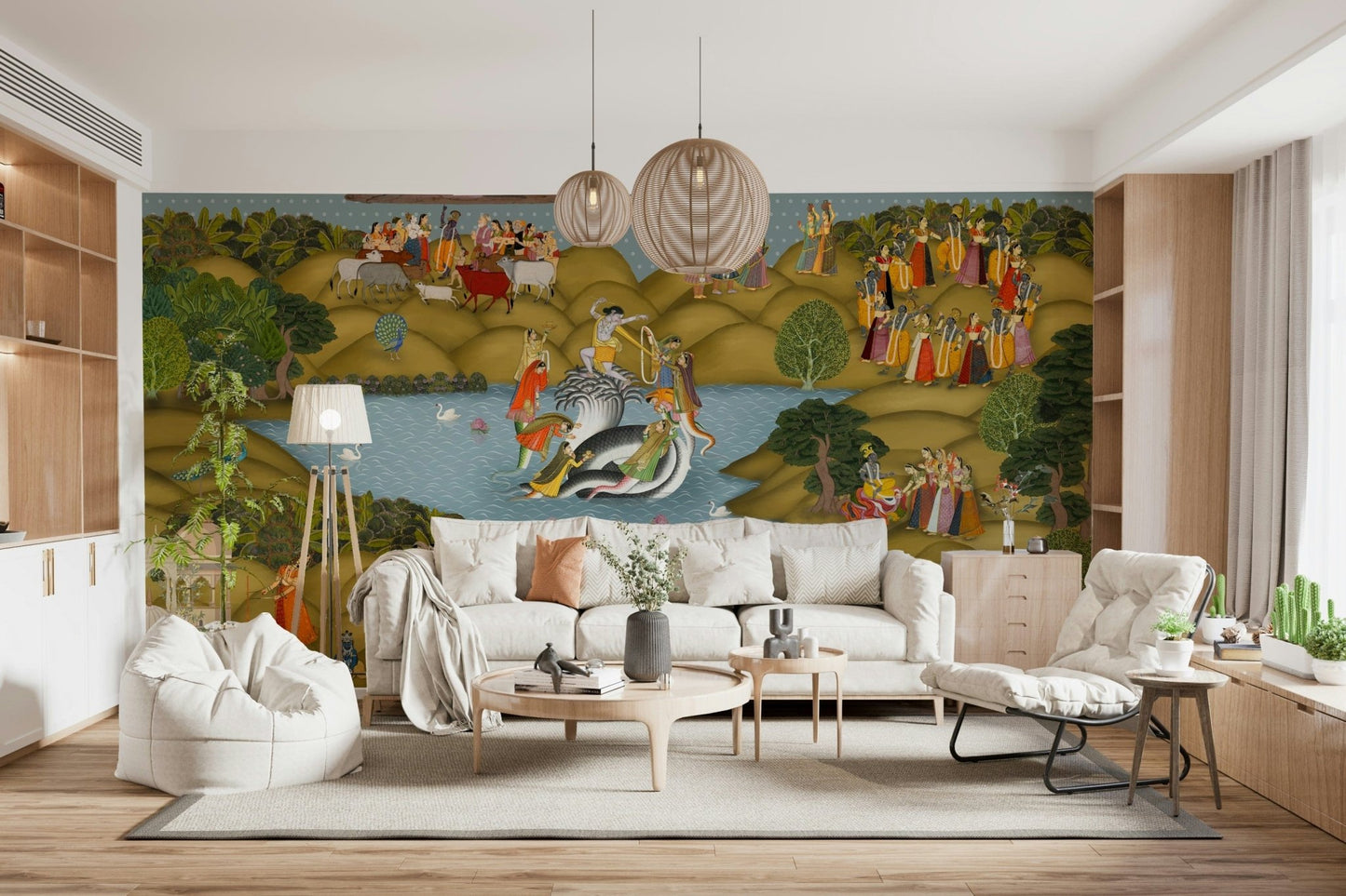 Hand-painted style jali mural featuring royal processions and pastoral life