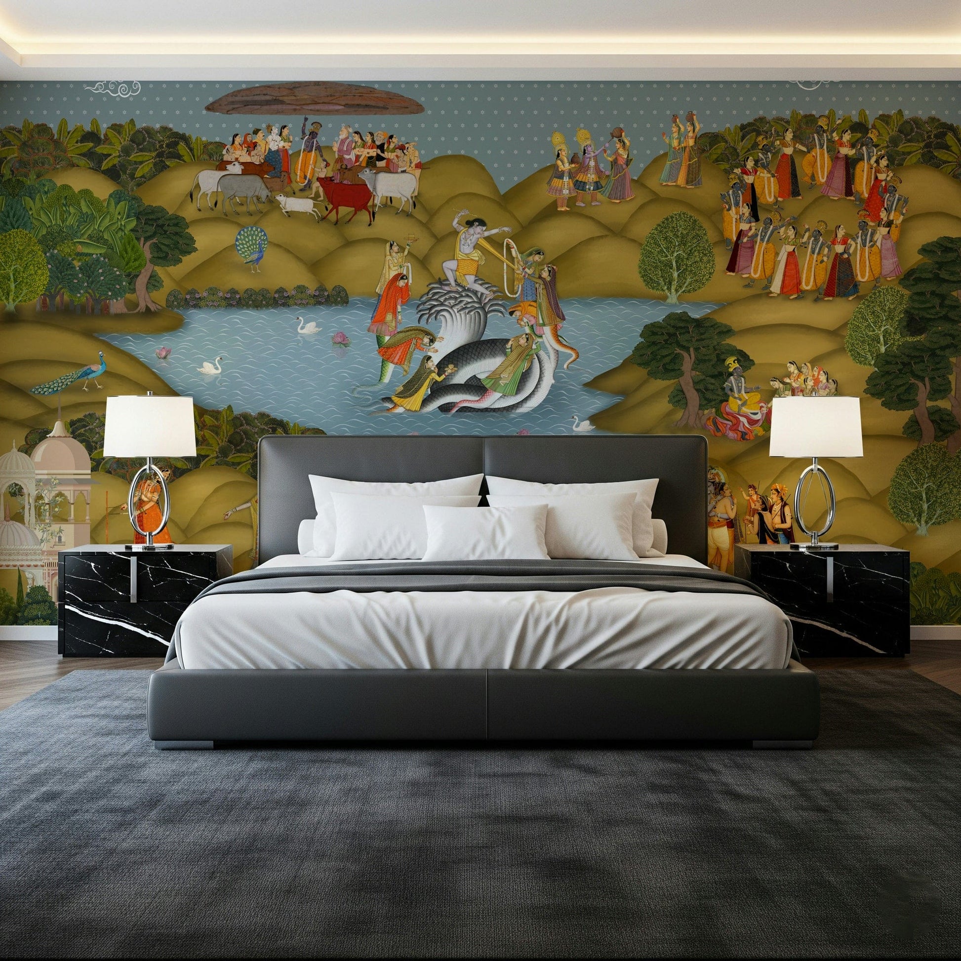 Jali wall mural depicting Krishna and Kaliya surrounded by devotees