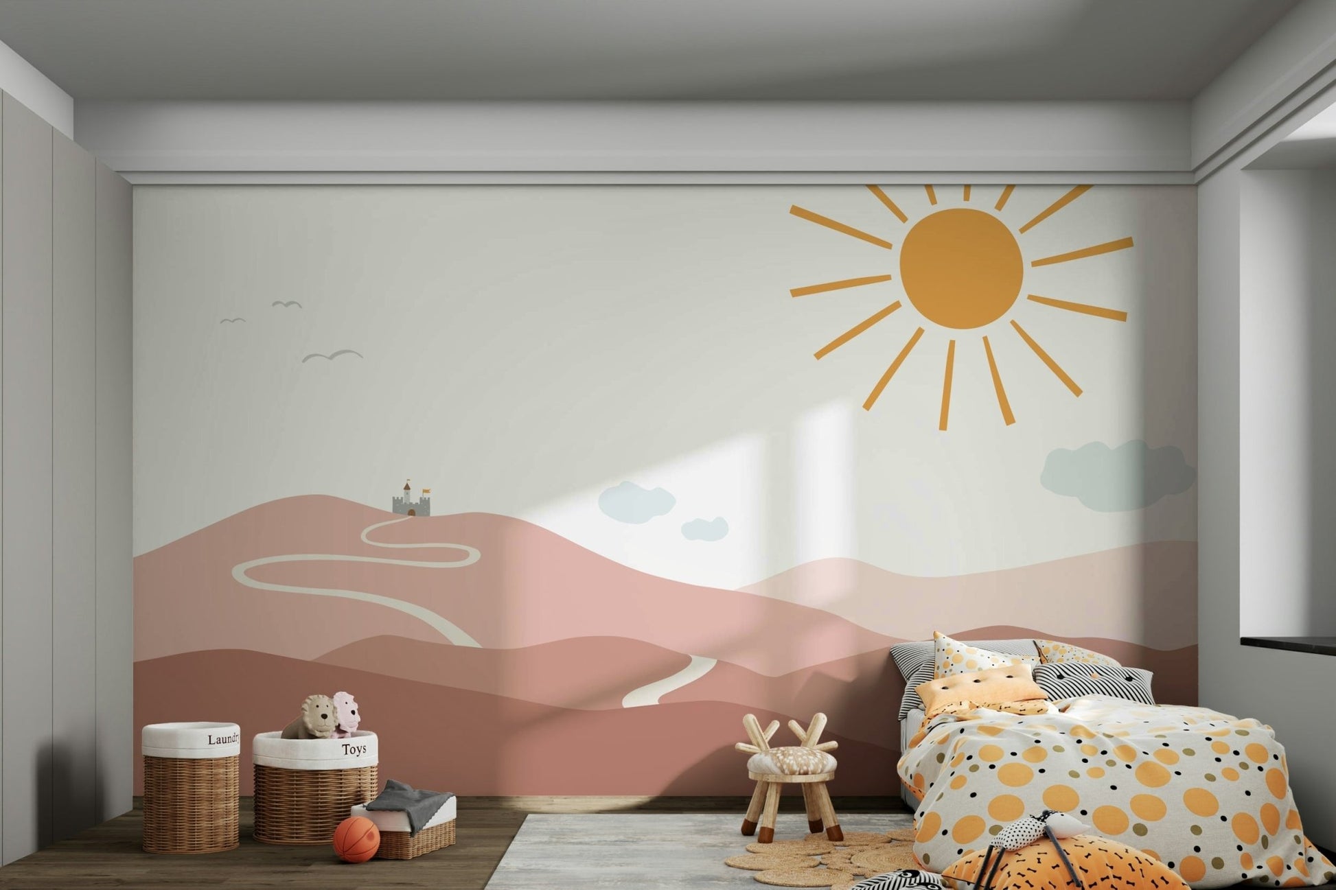 Dreamy mural with castle and scenic route

