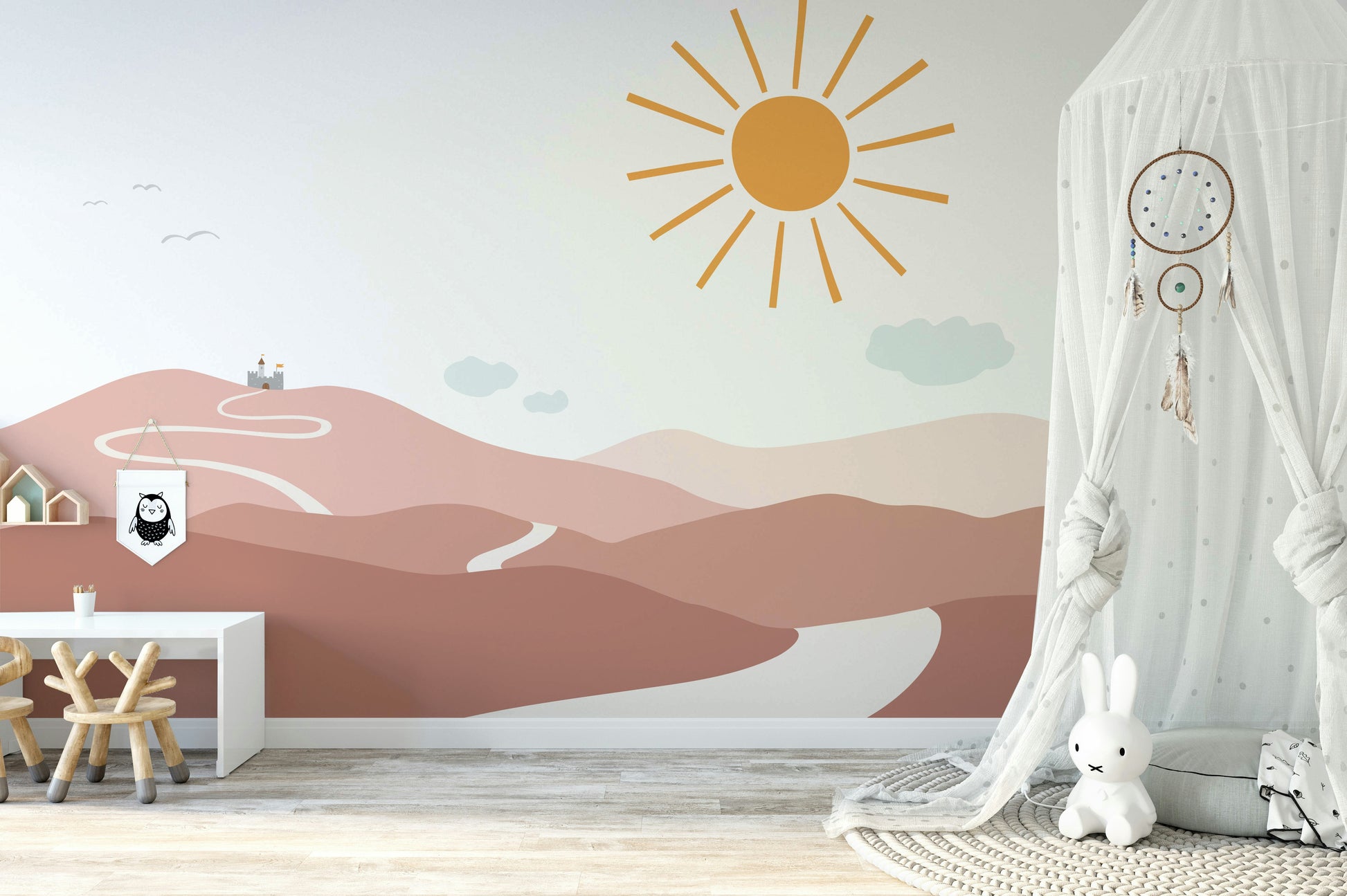 Enchanted castle mural with forest pathway

