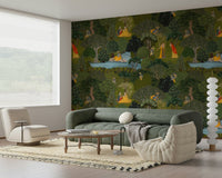 Green Wallpaper with repeating jungle scenes and traditional Indian figures