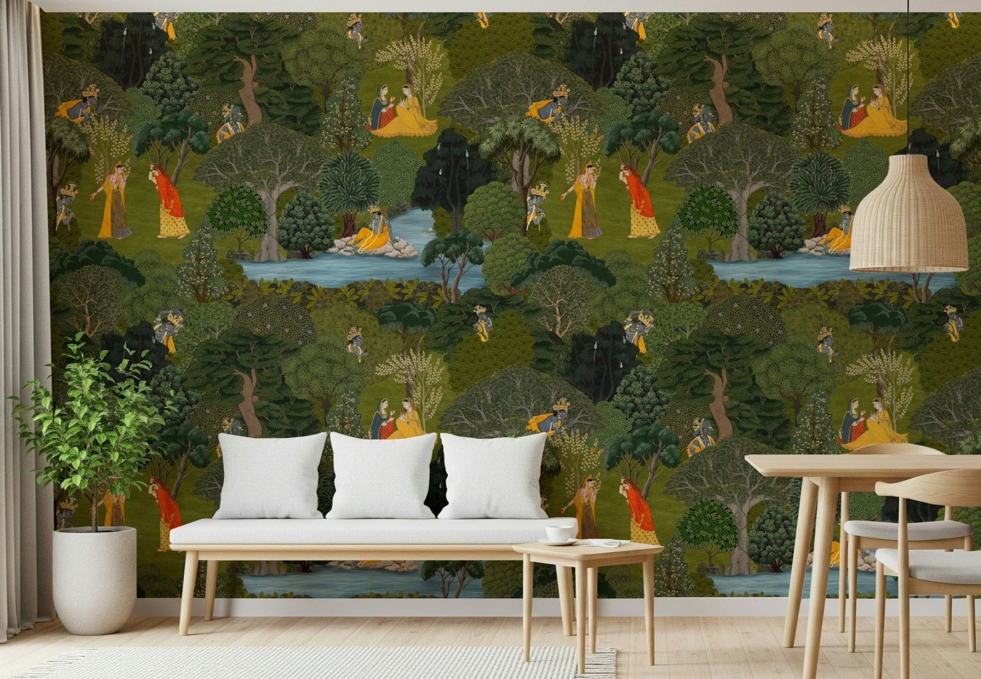 Indian Wallpaper inspired by Pichwai art showing a lush jungle landscape, GD7565