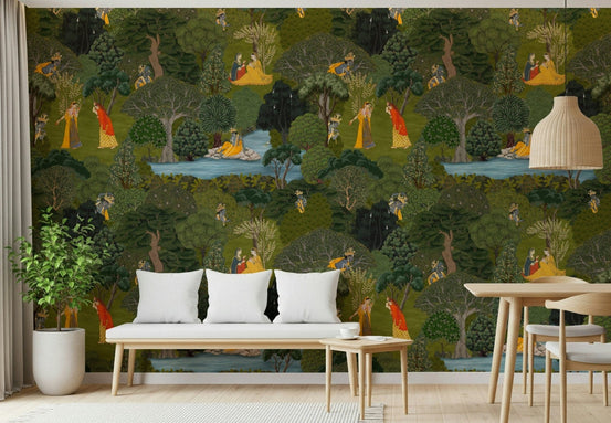 Indian Wallpaper inspired by Pichwai art showing a lush jungle landscape, GD7565