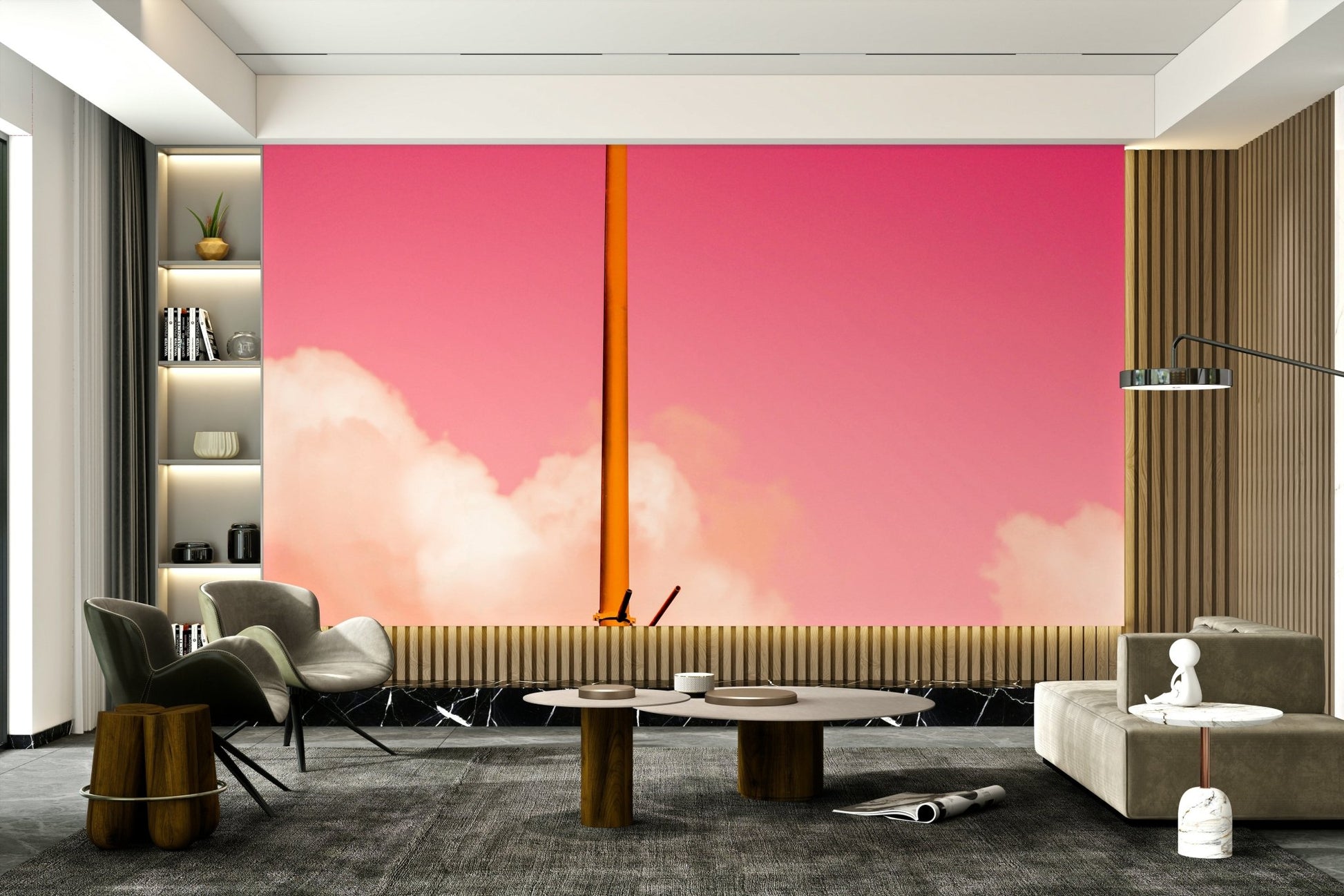 Heaped clouds crowd the lower half under strong pink in this wall mural GD4838
