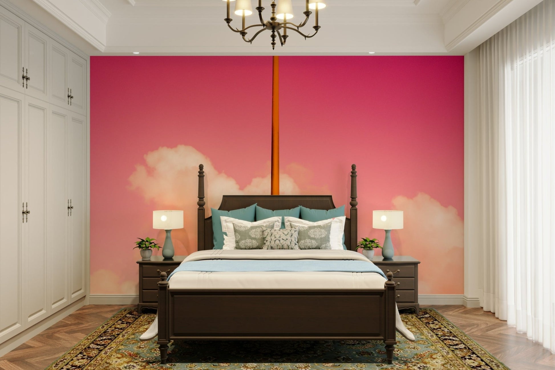 Punchy sky tones frame white cloud banks in this Pink Half wall mural GD4838
