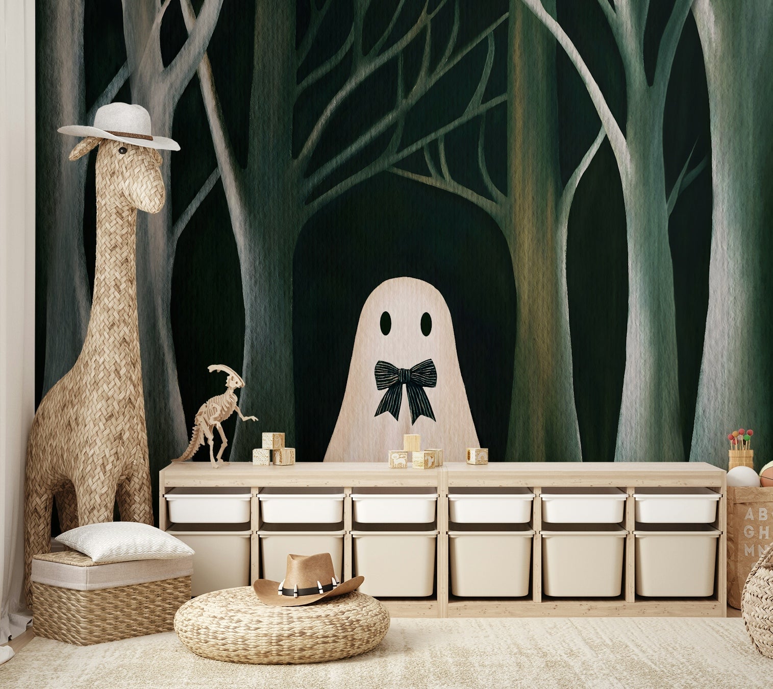 The Preppy Ghost  is set against a vibrant, patterned background.
