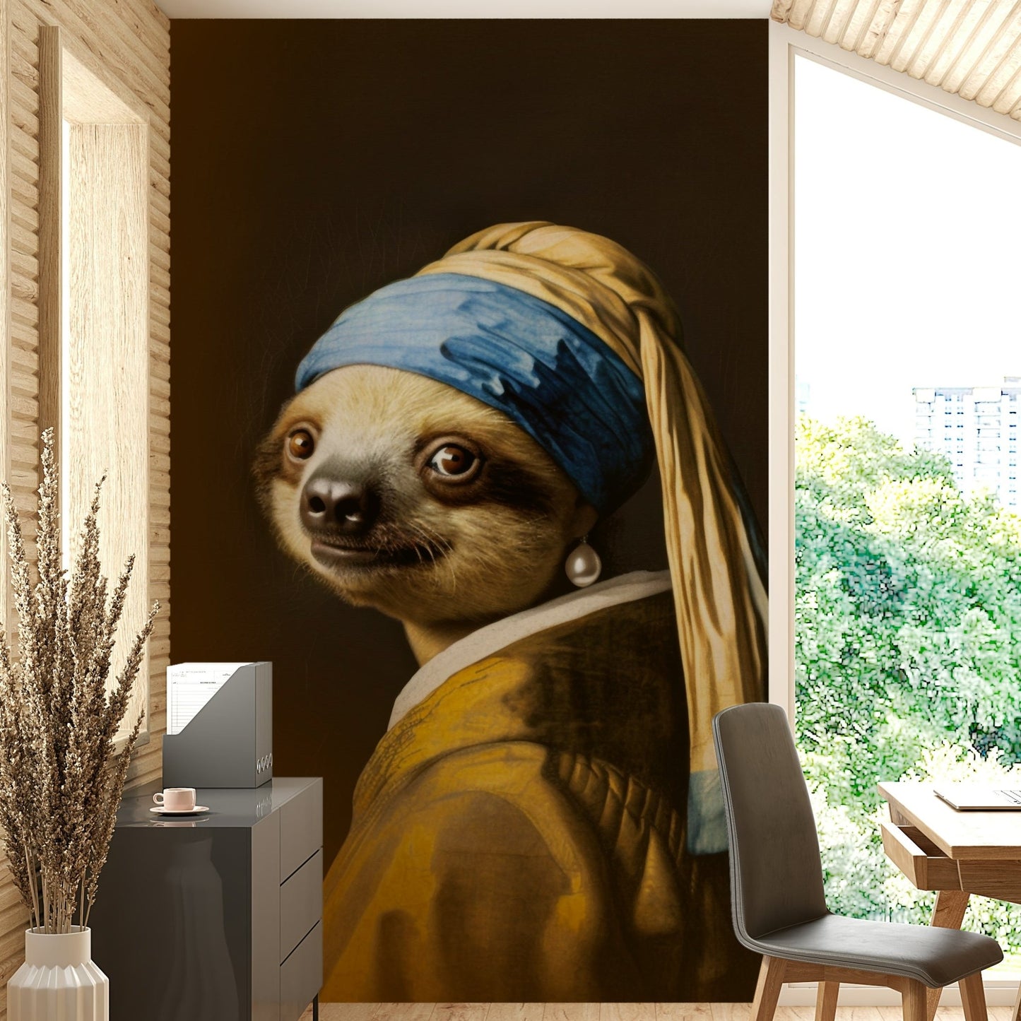 sloth portrait with a pearl earring

