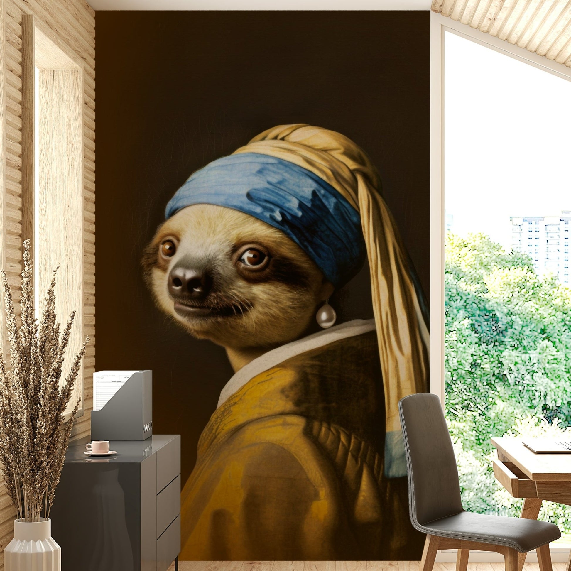 sloth portrait with a pearl earring


