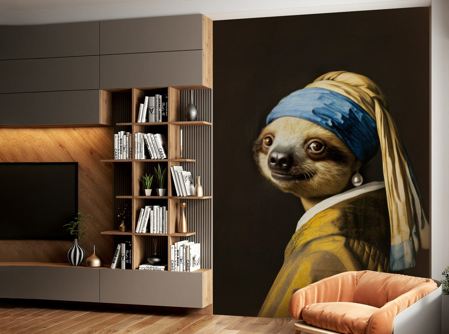 The sloth with the pearlearring - Vermeer Adaption Wall Mural