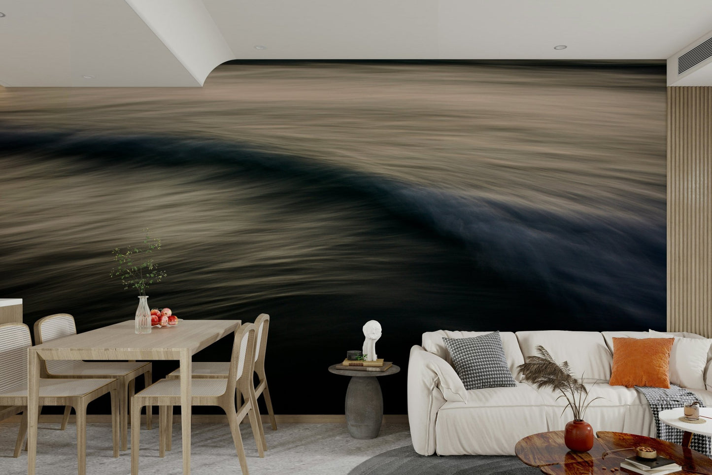 A peaceful open ocean mural on decorative wallpaper.

