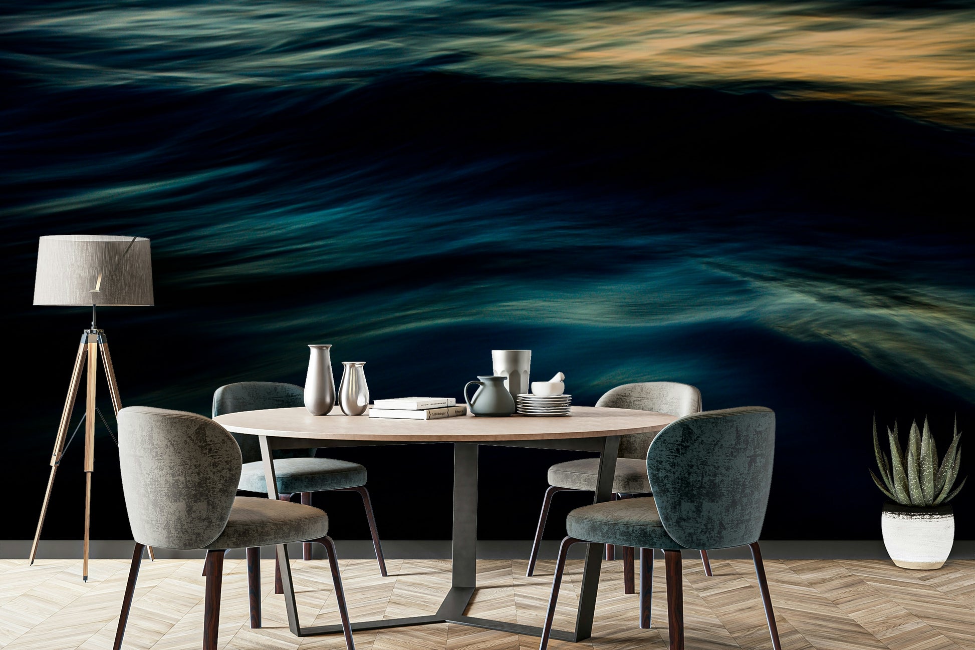 An artistic coastal scene mural on minimalist wallpaper.

