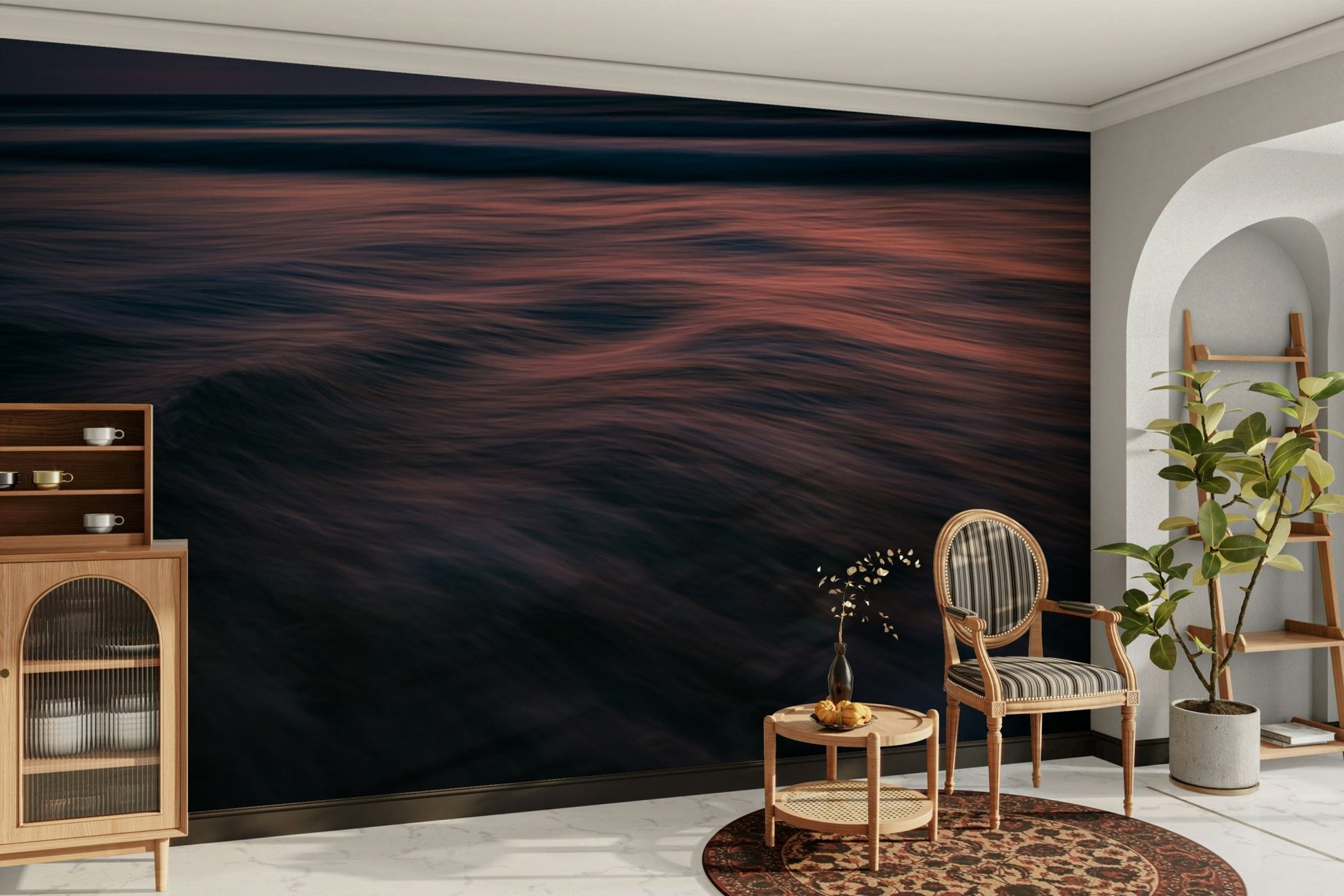 A minimalist home office with the abstract wave wallpaper.