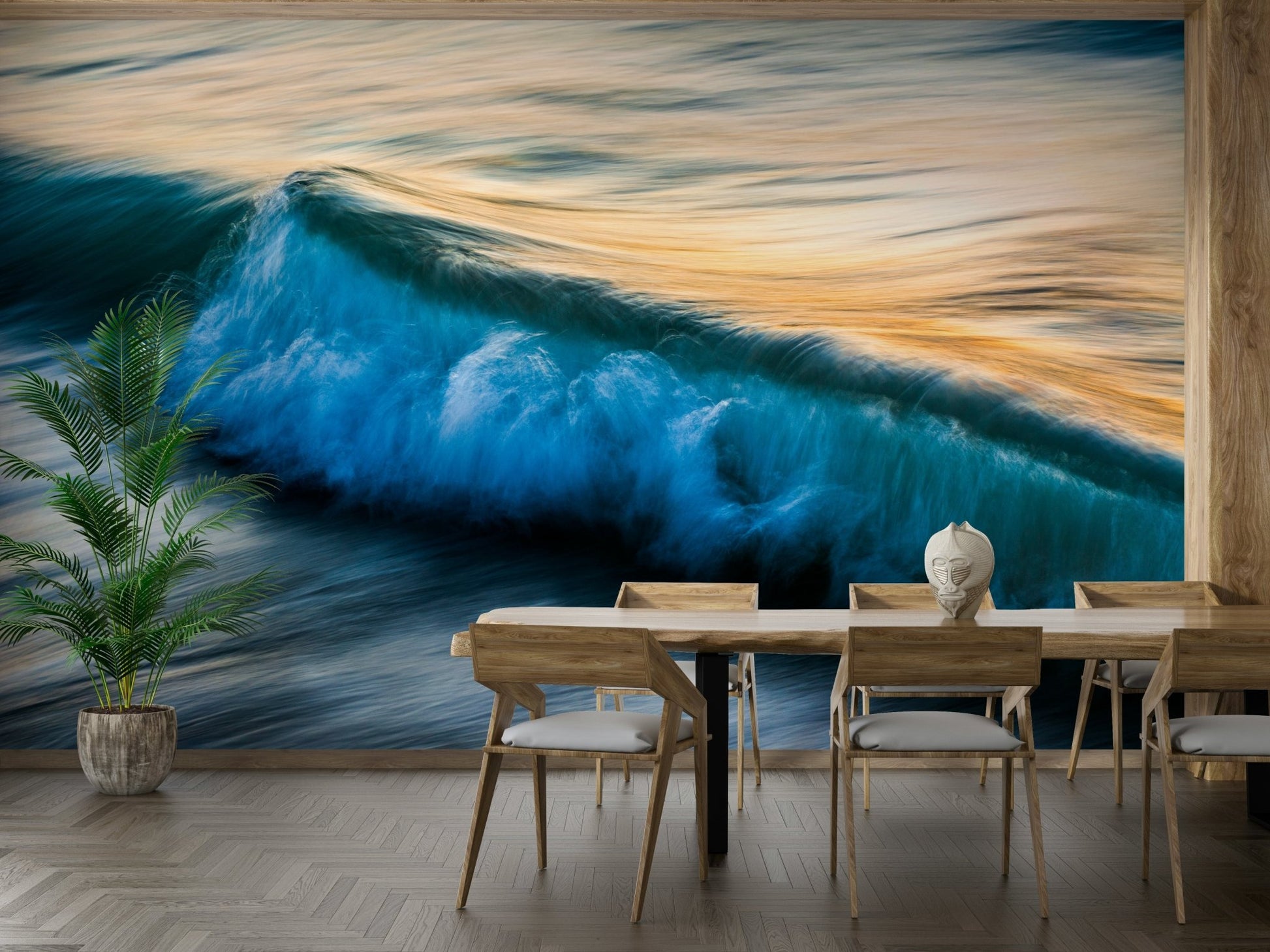 A calming water movement wallpaper mural that defines a space.


