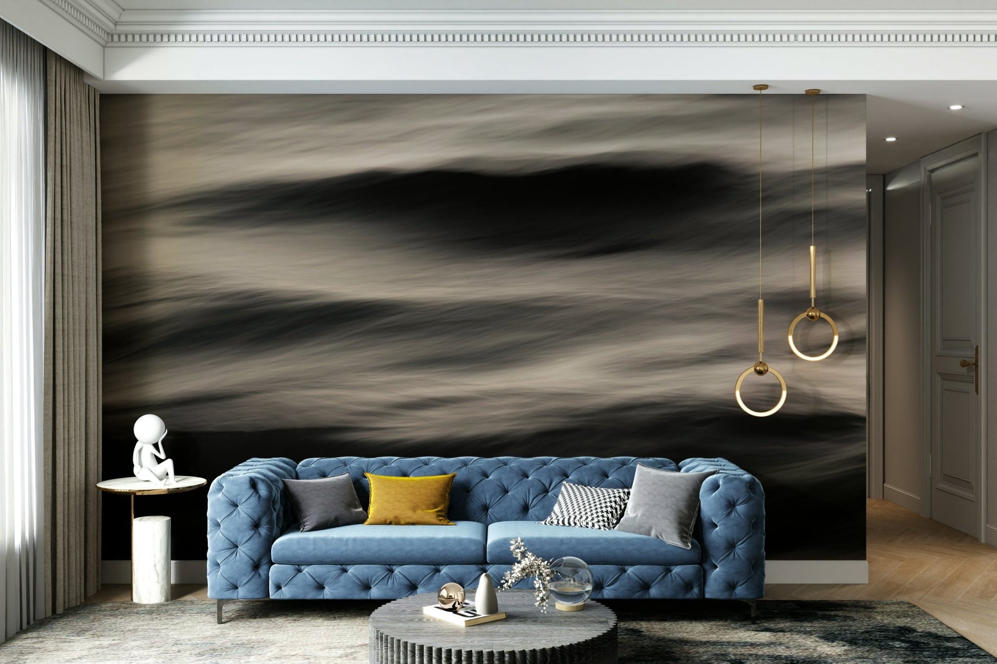 A peaceful open ocean mural on decorative wallpaper.

