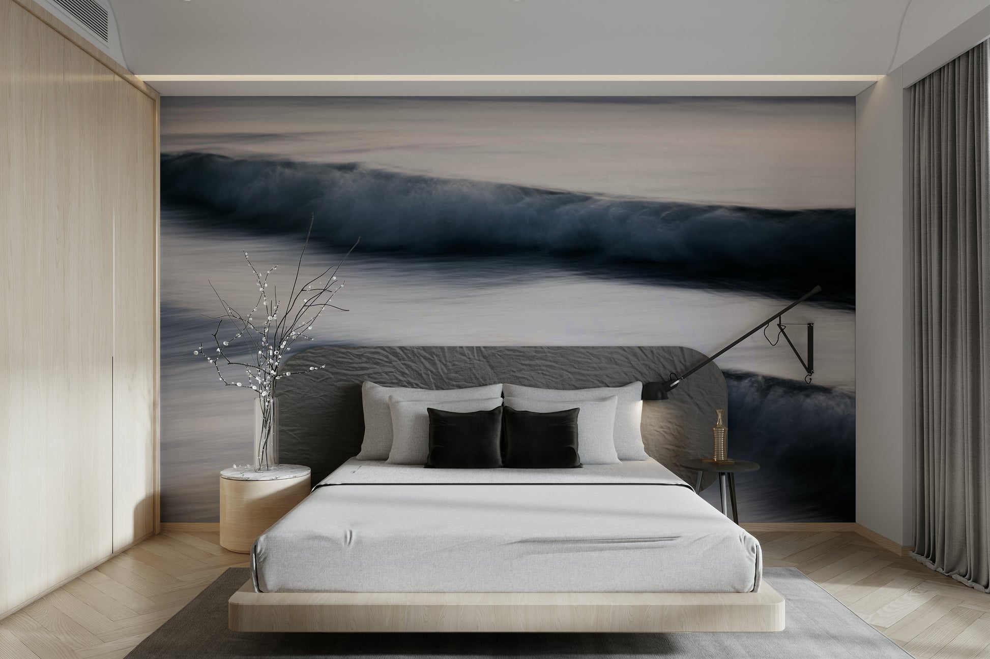 A graceful subtle pattern wall mural in cool, natural tones.

