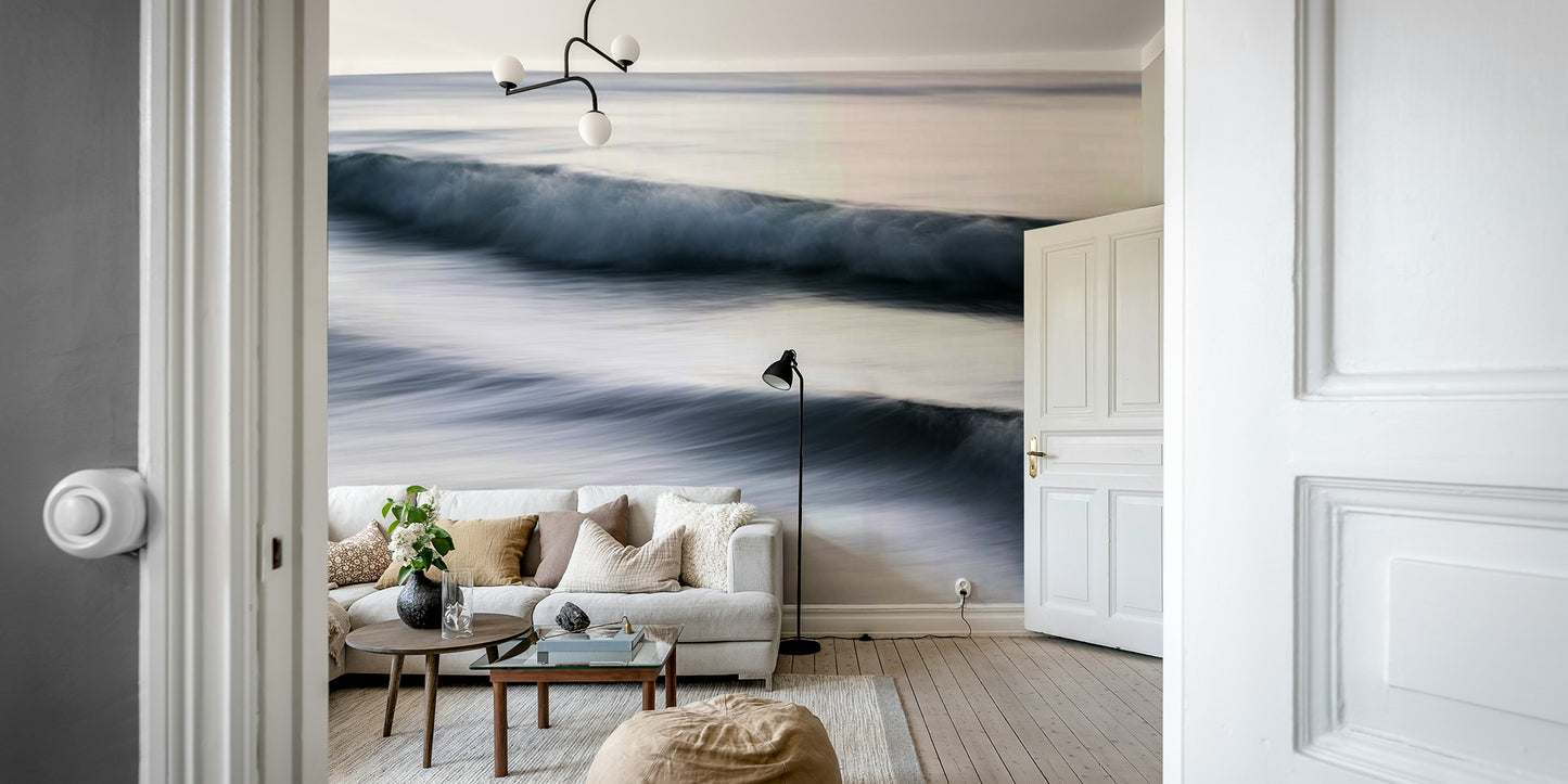 An artistic coastal scene mural on minimalist wallpaper.

