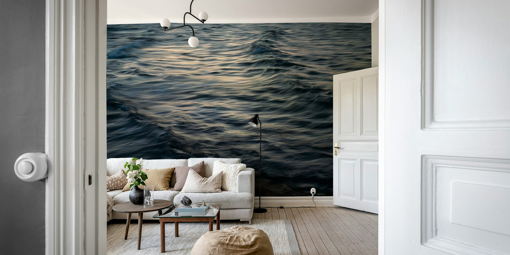 A peaceful seaside view mural on decorative wallpaper.

