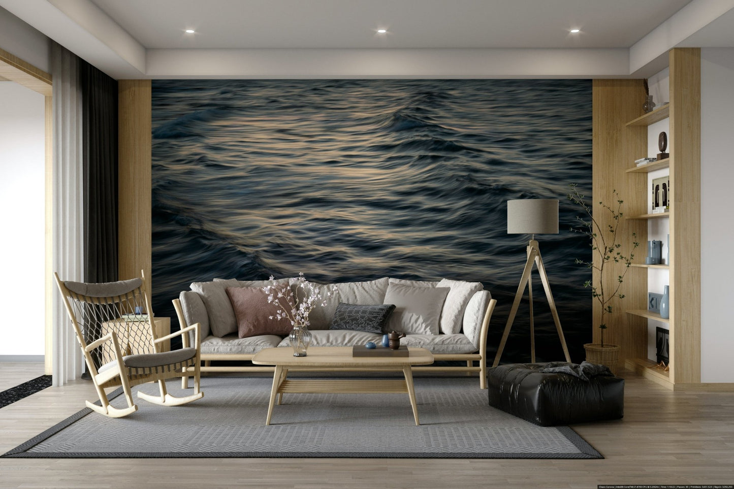 An artistic wave design mural on minimalist wallpaper.

