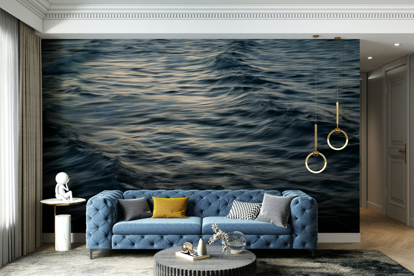 A graceful wave motion wall mural in cool, natural tones.

