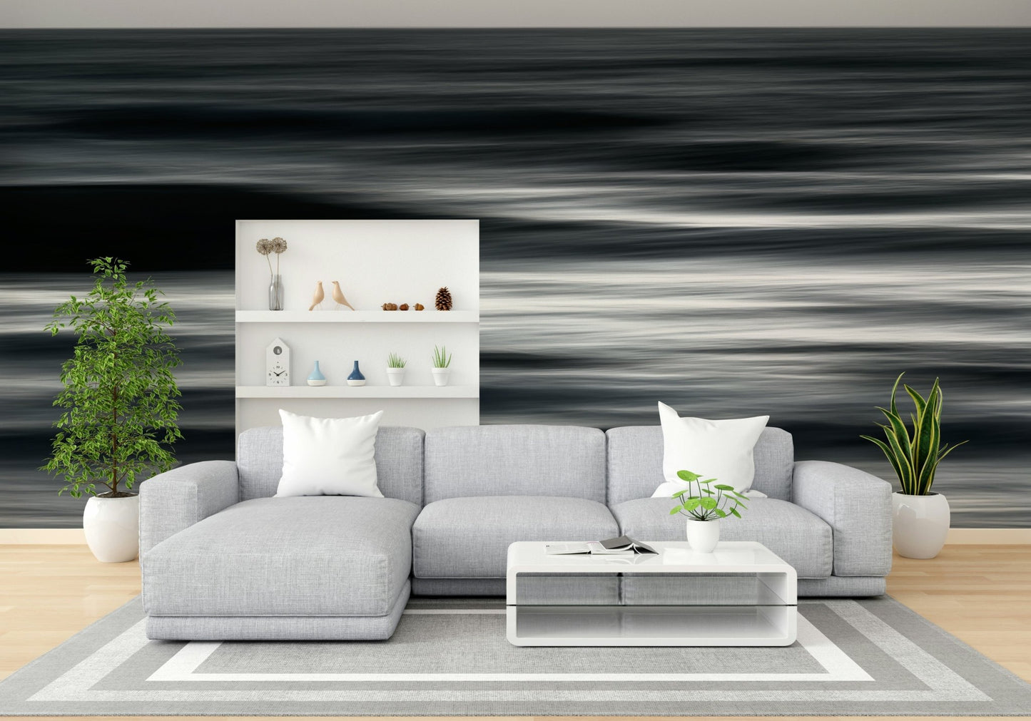 A contemplative abstract ocean wallpaper mural for a feature wall.

