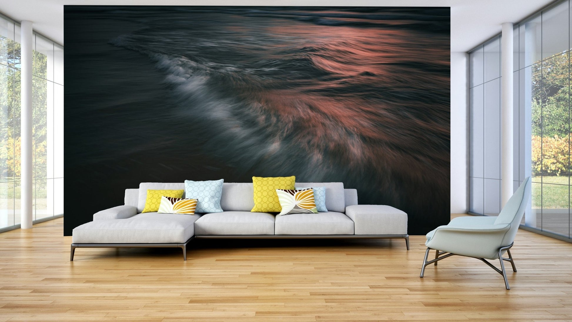 The wallpaper is used to create a feature wall in a dining room.