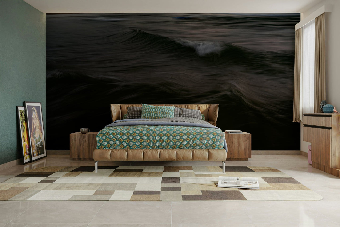 A minimalist home office with the abstract wave wallpaper., GD4571