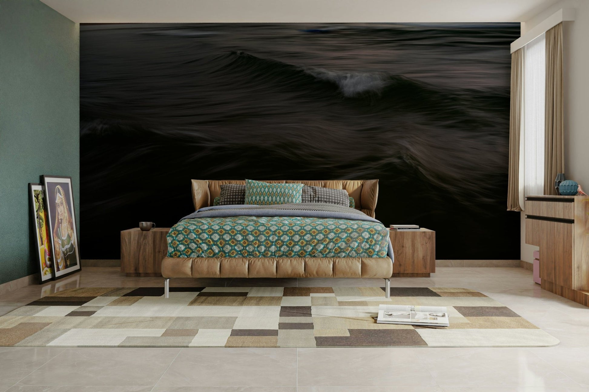 A minimalist home office with the abstract wave wallpaper., GD4571