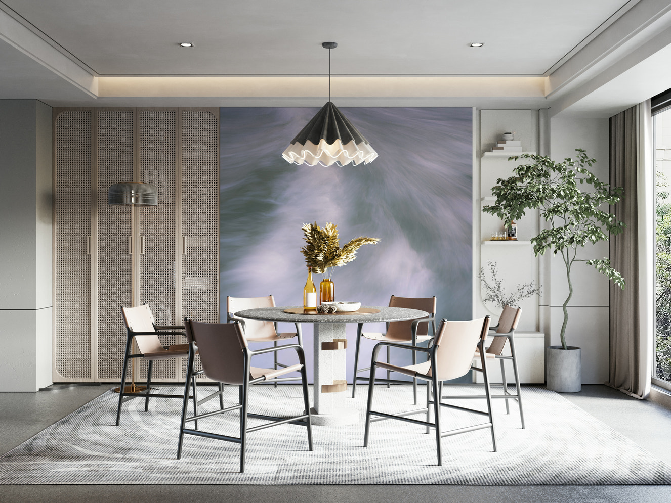 A contemporary living room with a large ocean wave wall mural.