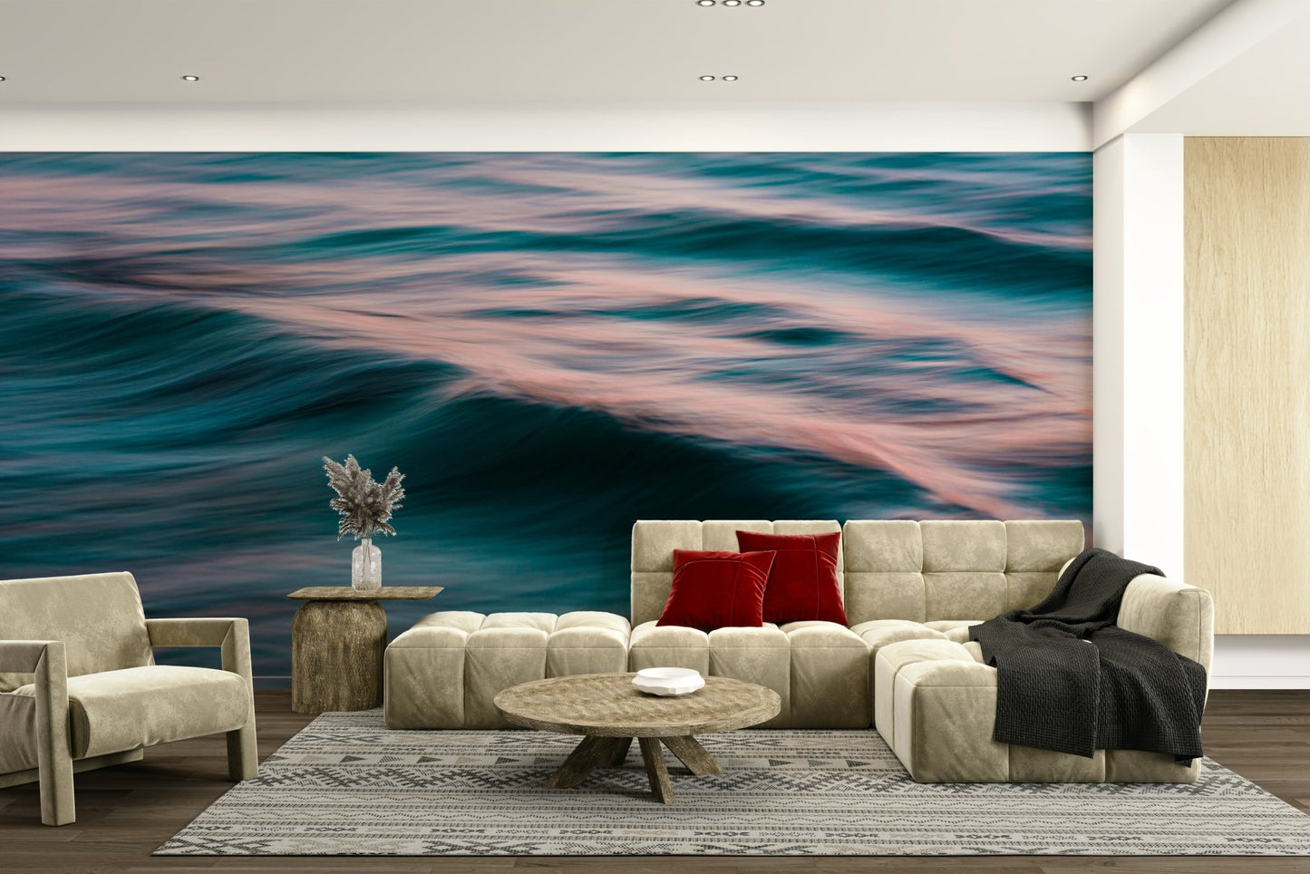 A beautiful abstract ocean wall mural for a living room.

