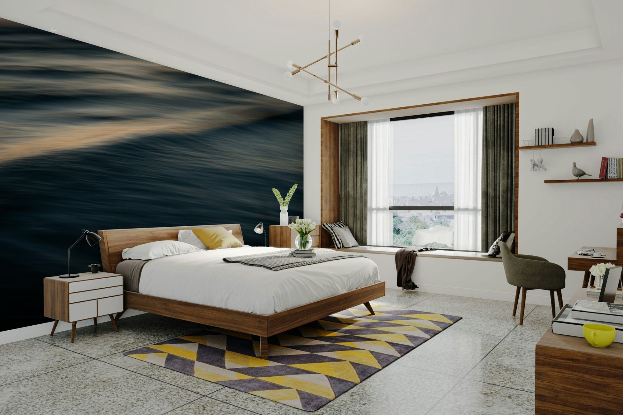 The Uniqueness of Waves Wall Mural in a living room with flowing wave artwork GD4729