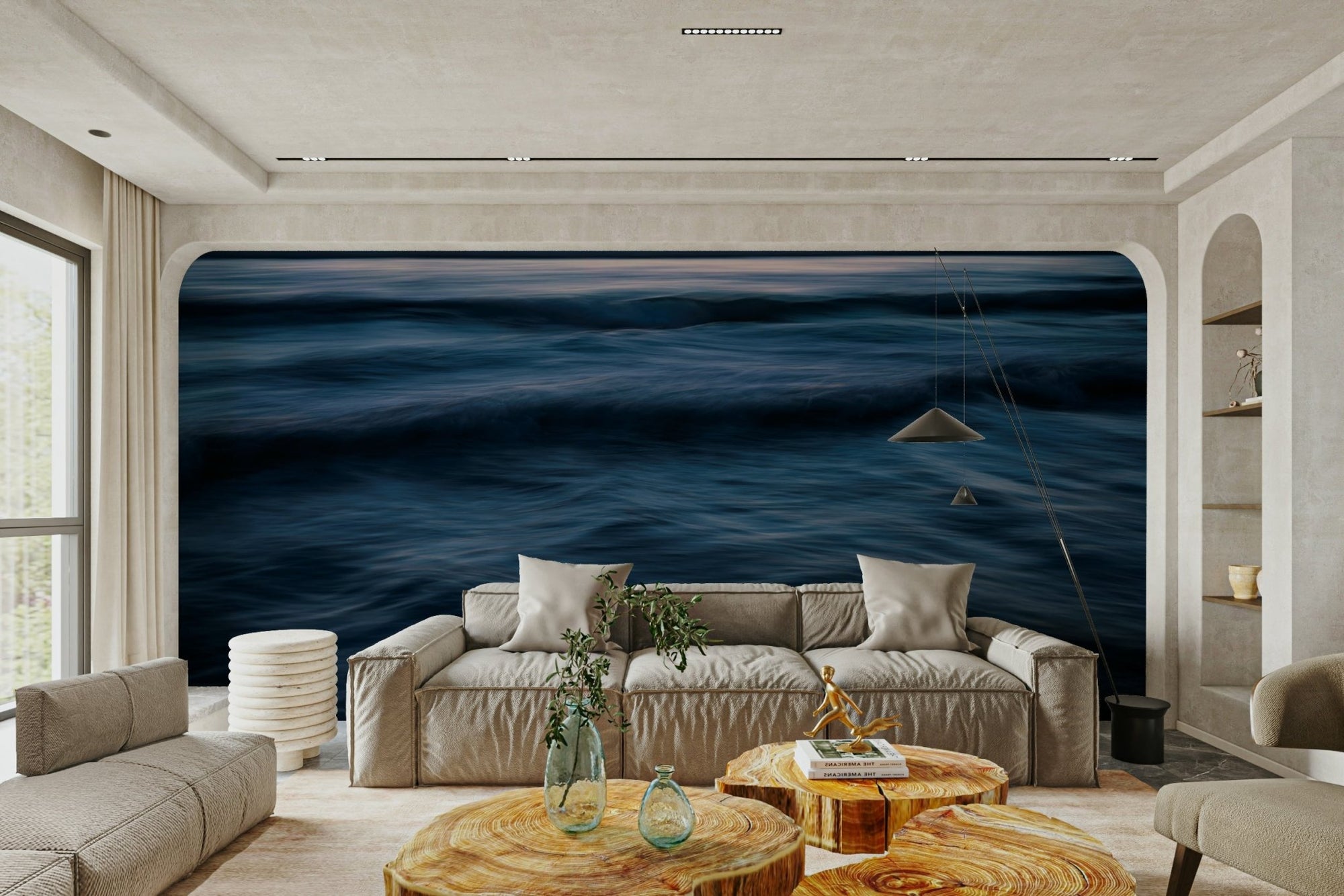 The Uniqueness of Waves Wall Mural in a living room with abstract ocean artwork GD4726