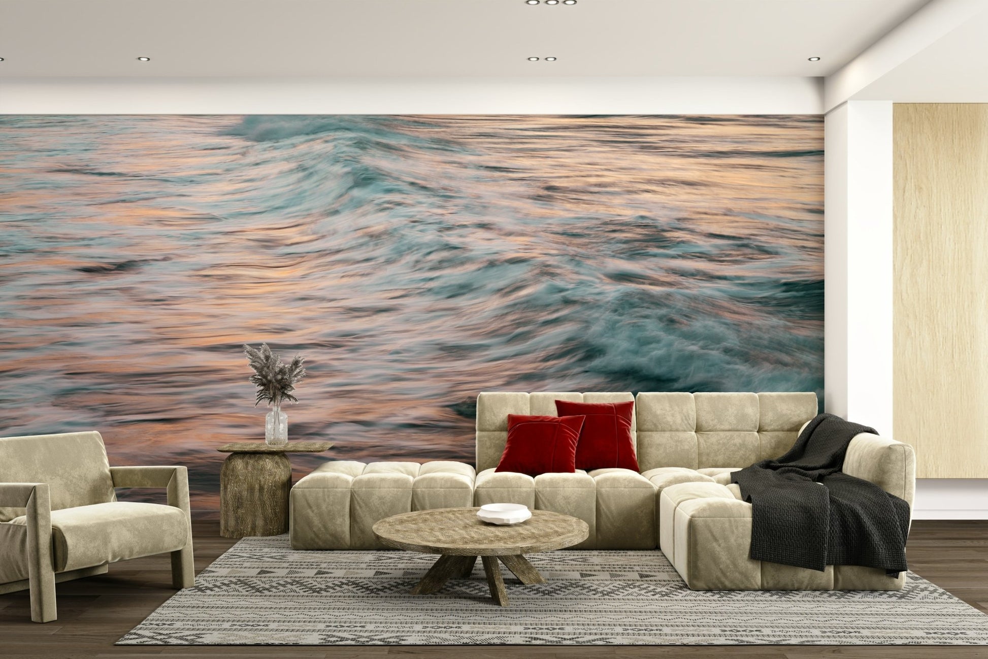 An artistic coastal scene mural on minimalist wallpaper.

