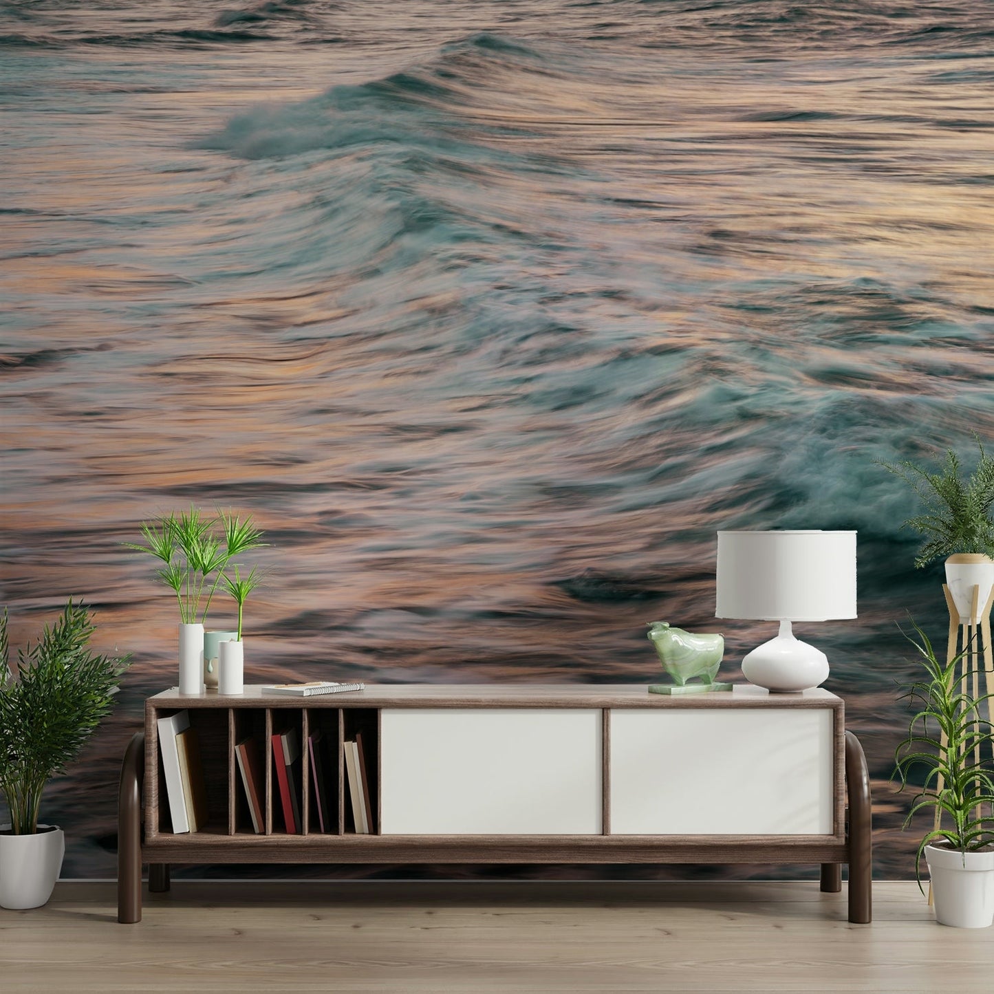 A peaceful open ocean mural on decorative wallpaper.

