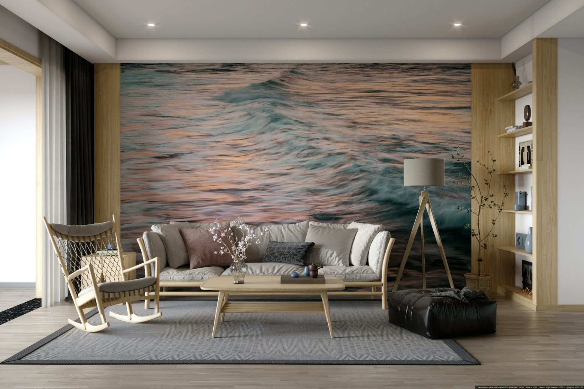A calming water movement wallpaper mural that defines a space.

