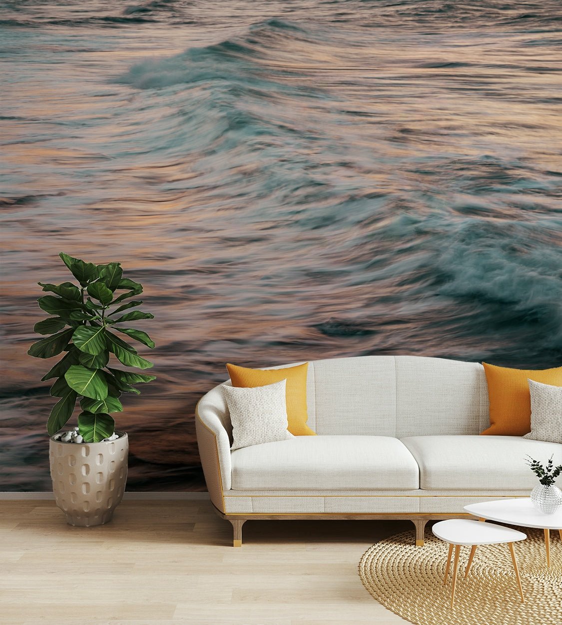 A beautiful abstract ocean wall mural for a living room.

