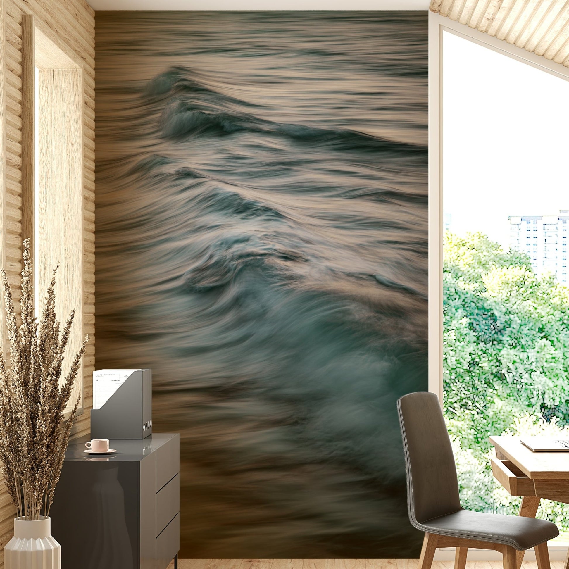 An artistic wave design mural on minimalist wallpaper.

