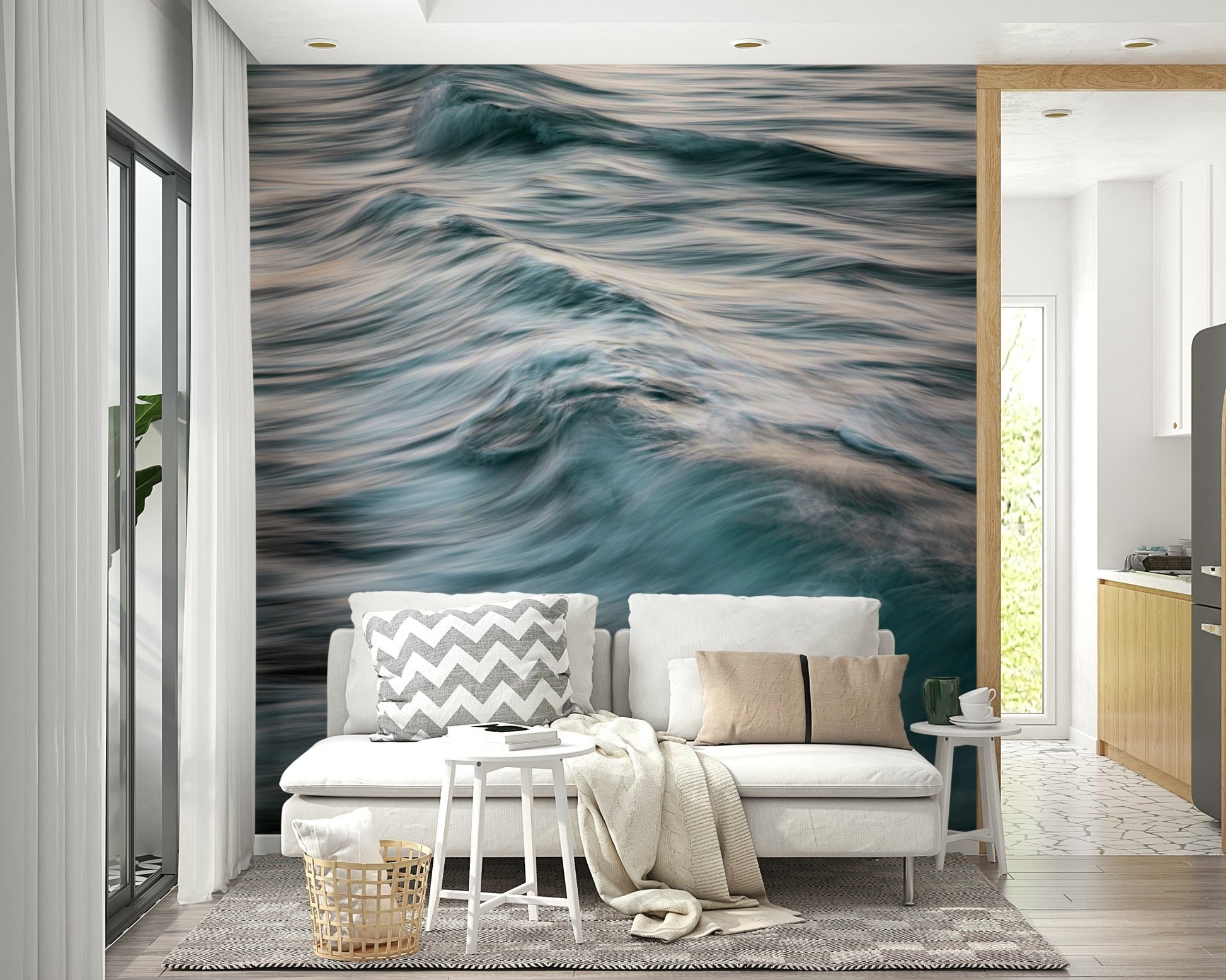 A peaceful seaside view mural on decorative wallpaper.

