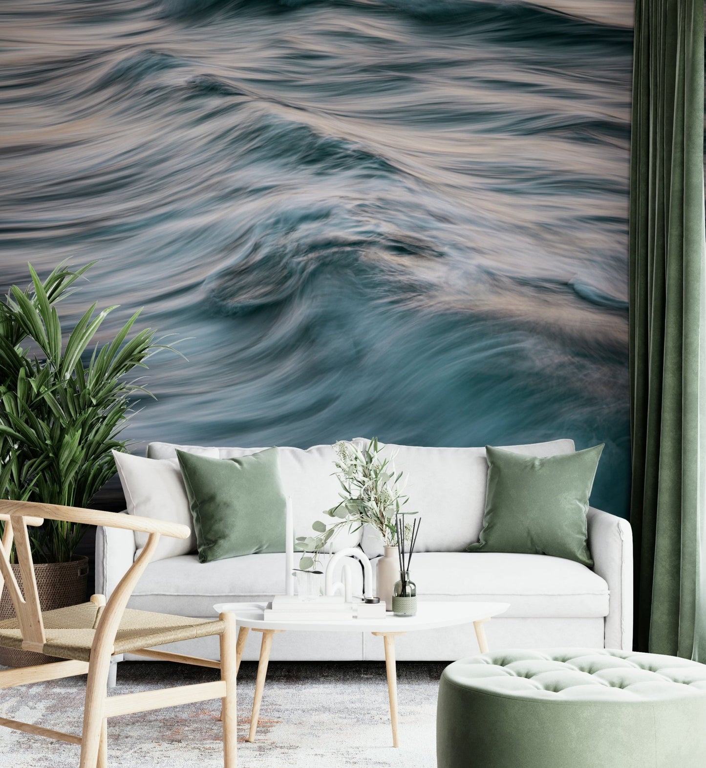A calming abstract wave wallpaper mural that defines a space.

