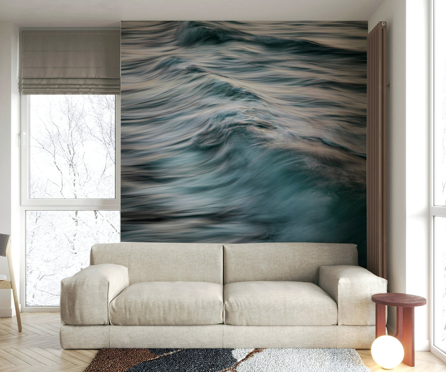 A contemplative abstract ocean wallpaper mural for a feature wall.

